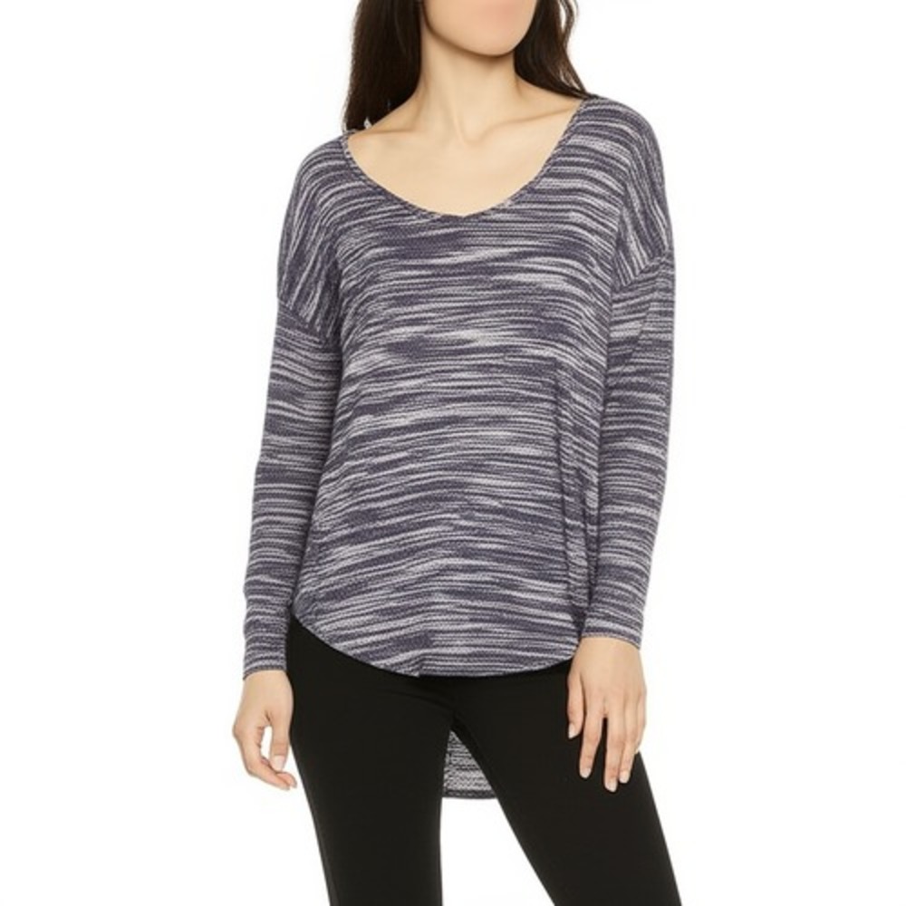 Olive & Oak Blue White Marled Scoop Neck Casual Curved Hem Knit Top XL